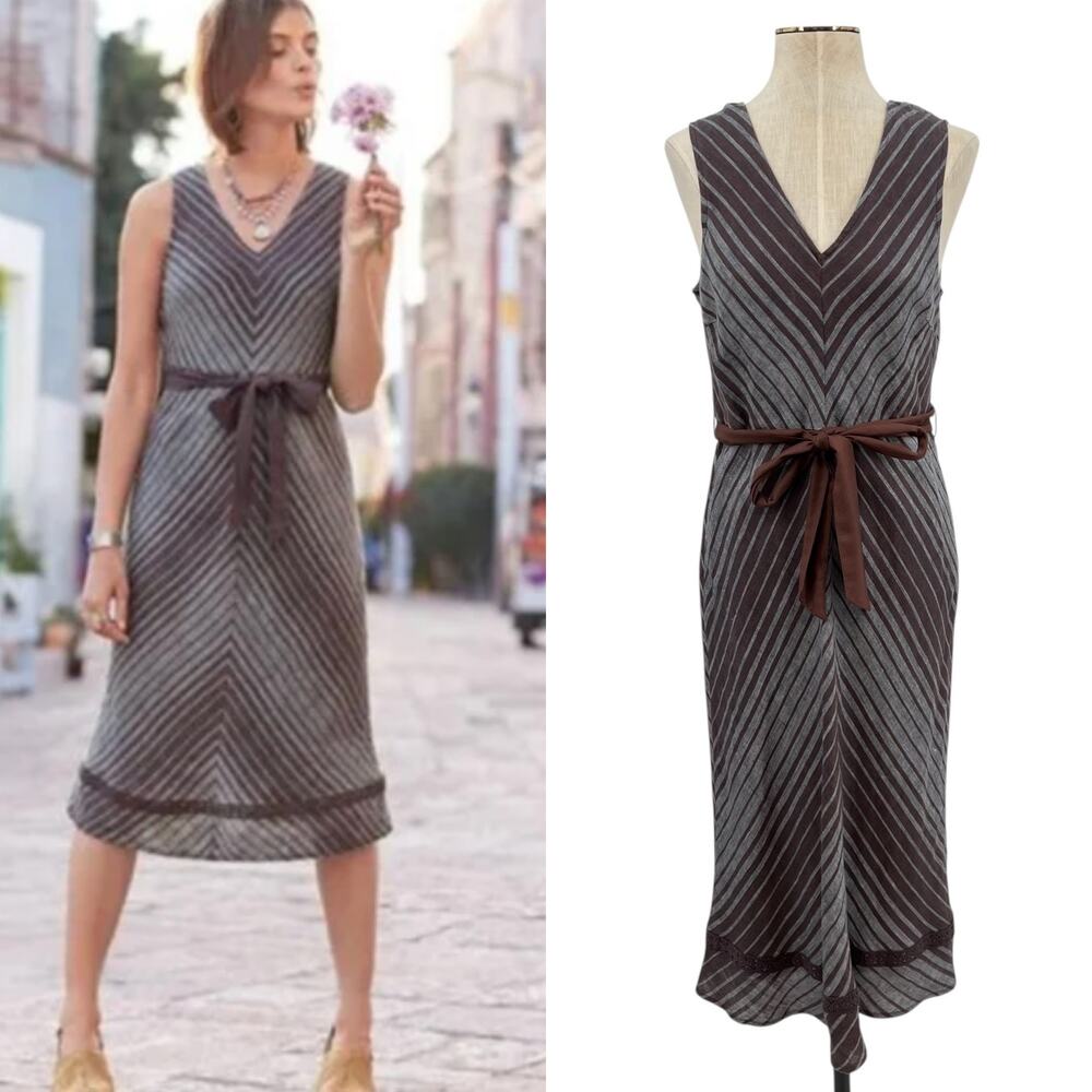 Sundance Allende Bias-cut Belted Dress Striped Linen‎ Brown Gray Petite Size 10P